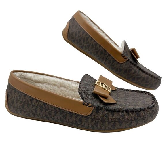 Michael Kors ERICA Faux Fur/Coated Canvas Slipper Loafer Moccasins Brown Sz 7.5 - Picture 1 of 11